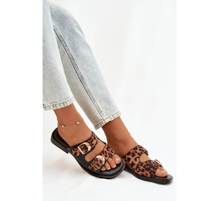 Dámské pantofle se zlatými sponami Leoparda Černo-hnědé Danelle