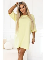666-2 Bavlněné volné oversize šaty s krátkými rukávy - máslově žluté
