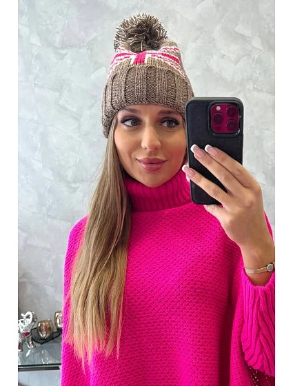 Dámská čepice s bambulí Elizabeth model 18752279 mocca - K-Fashion
