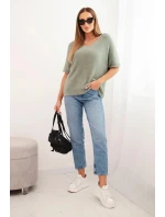 Dámský svetr z měkkého model 21327524 s výstřihem do V krátký rukáv tmavě mátový - K-Fashion