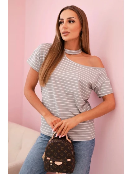Dámska bavlnená blúzka s pruhmi na jednom ramene s chokerom sivá