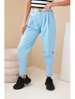 Dámske bavlnené nohavice s vysokým pásom a opaskom modré