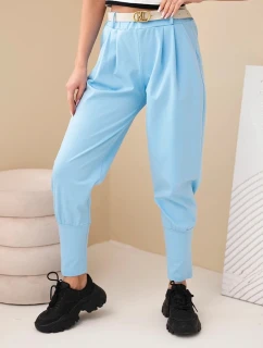 Dámske bavlnené nohavice s vysokým pásom a opaskom modré