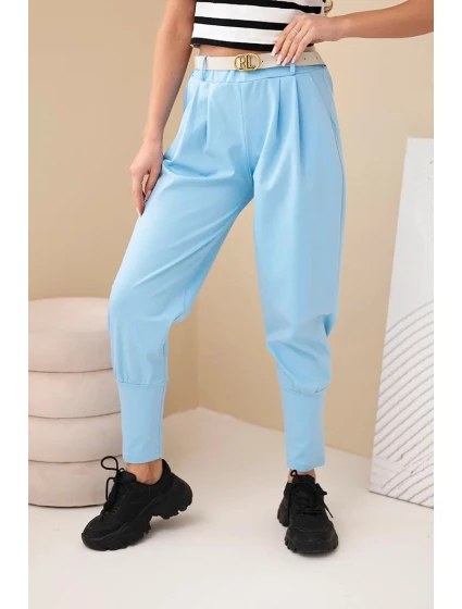 Dámske bavlnené nohavice s vysokým pásom a opaskom modré