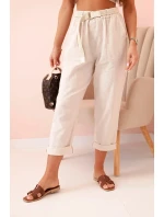 Dámske ľanové nohavice s bavlnou a opaskom béžovej farby Dámske ľanové nohavice s bavlnou a opaskom béžovej farby