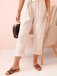 Dámske ľanové nohavice s bavlnou a opaskom béžovej farby