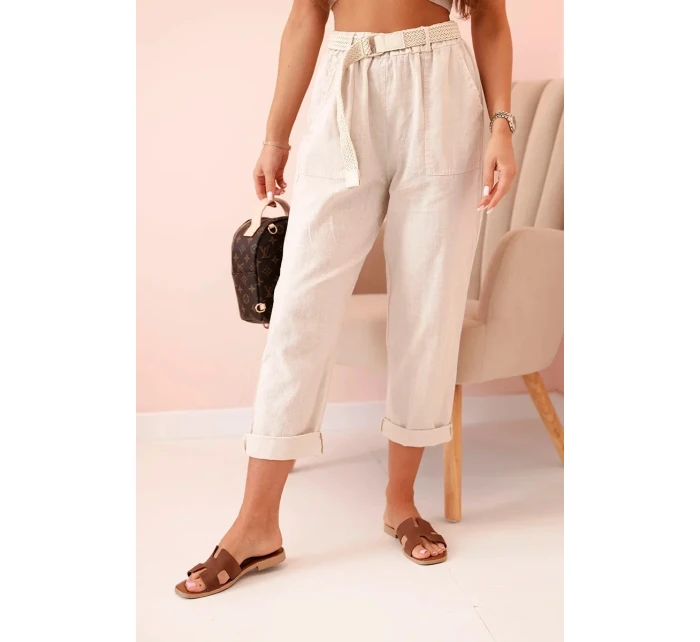 Dámske ľanové nohavice s bavlnou a opaskom béžovej farby Dámske ľanové nohavice s bavlnou a opaskom béžovej farby