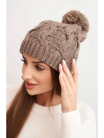 Dámska zimná čiapka z vlny s hrubým pleteným vzorom K458 mocca