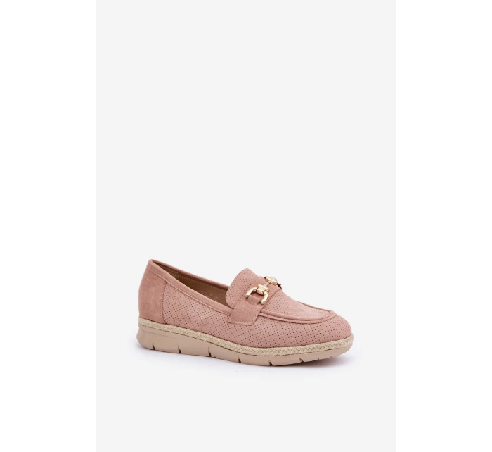 Ażurowe Mokasyny Ze Złotym Detalem I Jutową Plecionką Różowe Lainer