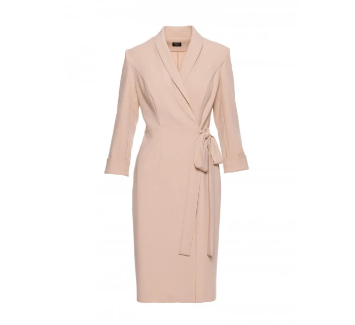 S415 Košeľové šaty viazané v páse - béžové