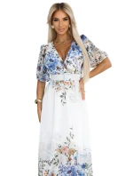 613-1 CELINA Vzdušné maxi šaty s obálkovým výstrihom, opaskom a kvetinovým ombre - MODRÁ 613-1 CELINA Vzdušné maxi šaty s obálkovým výstrihom, opaskom a kvetinovým ombre - MODRÁ