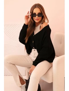 Dámsky sveter s výstrihom do V a gombíkmi čierny