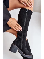 Zateplené kozačky na podpatku eko semišové nad koleno černé model 21675737 - Boto