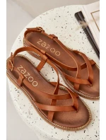 Skórzane Płaskie Sandały Z Przeplatającymi Się Paseczkami Zazoo 40429 Brązowe