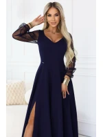 LORETTA dlouhé šaty s rukávy a výstřihem tmavě modré model 21941595 - numoco