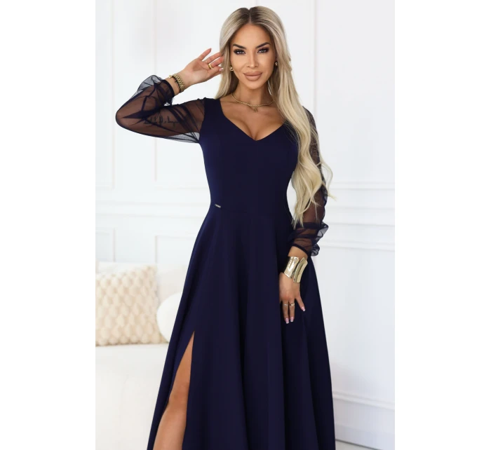 LORETTA dlouhé šaty s rukávy a výstřihem tmavě modré model 21941595 - numoco