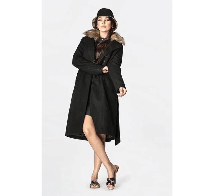 Čierny dámsky kabát s kožušinou (SASKIA)