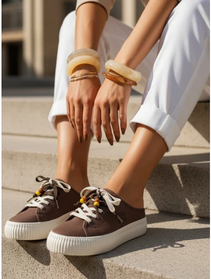 Dámske tenisky na platforme s ozdobnými korálkami hnedej farby ZY1410