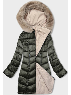 Kaki-béžová dámska zimná obojstranná bunda s kapucňou (B8202-11046)