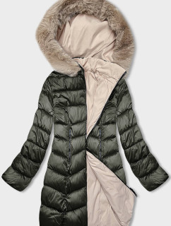 Kaki-béžová dámska zimná obojstranná bunda s kapucňou (B8202-11046)
