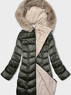 Dámska obojstranná zimná bunda s kapucňou khaki-béžová (B8202-11046)