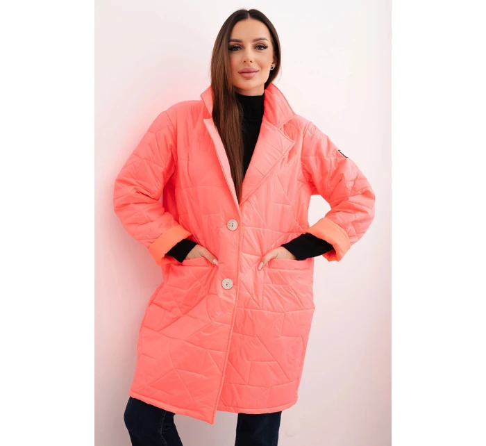 Dámská bunda Plus Size prošívaná s ozdobnými knoflíky a límcem neonově růžová