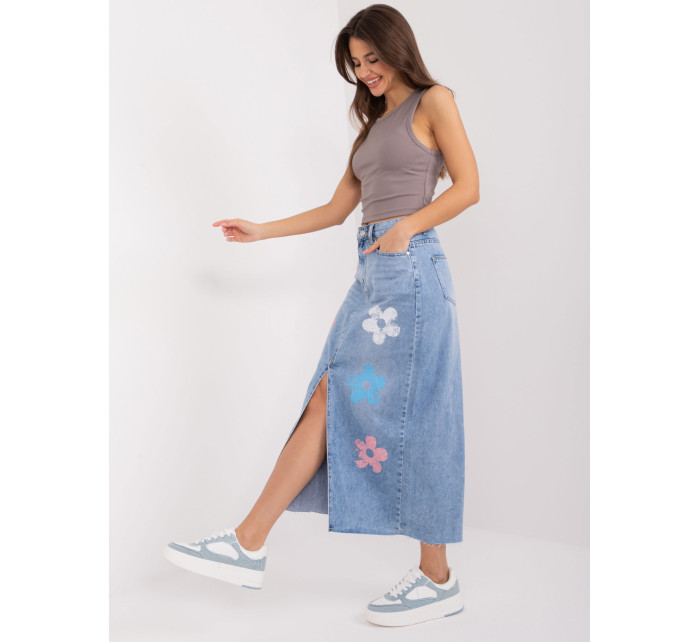 Modrá midi džínsová sukňa s potlačou