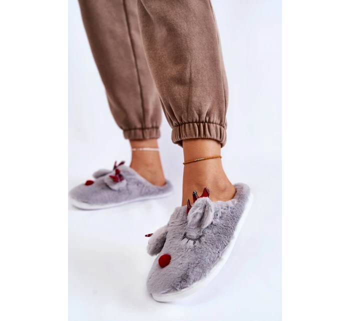 Damskie Świąteczne Futrzane Papcie Z Reniferem Szare Clarie