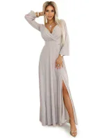 třpytivé dlouhé šaty s výstřihem, dlouhými rukávy a rozparkem na nohou BEACH model 20997233 - numoco