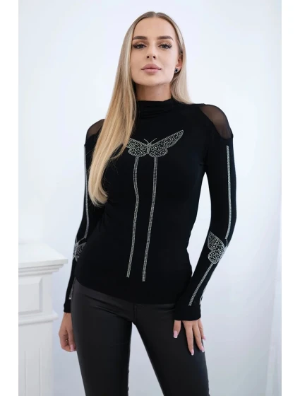 Pletená blúzka s motýľom z kubickej zirkónie čierna