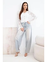 Dámsky bavlnený čipkovaný sveter s dlhými rukávmi biely