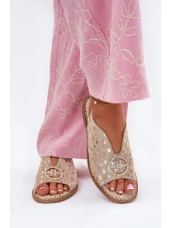 Skórzane Sandały Na Płaskim Obcasie Z Ozdobą S.Barski KV51-094 Złote