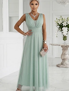 637-5 Dlhé maxi šaty s brokátovým akcentom a hlbokým výstrihom - pistáciové