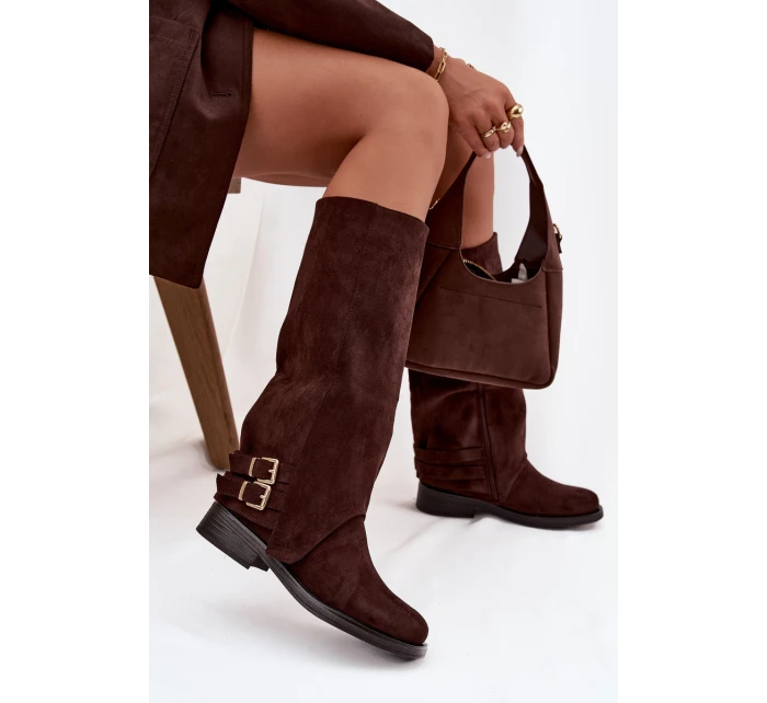 Ocieplane Kozaki Damskie Z Klamrami Czekoladowe Umbria