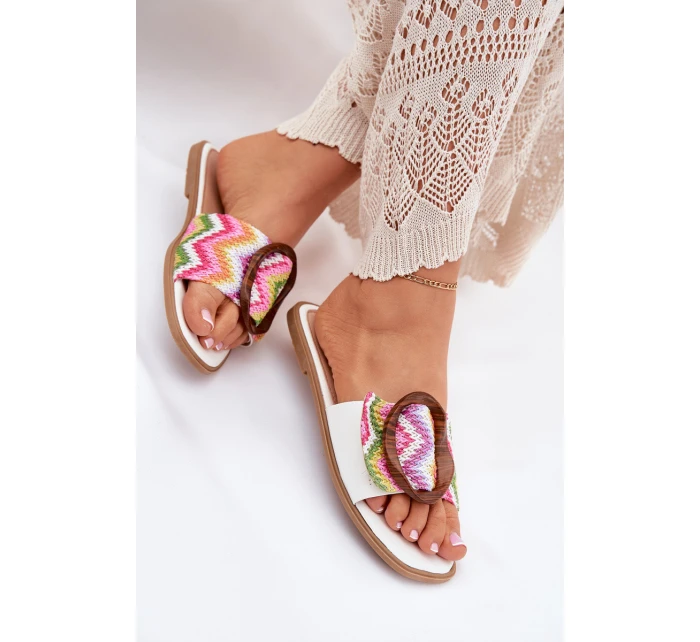 Klapki Damskie Płaskie Z Ozdobną Klamrą Białe Luwam Klapki Damskie Płaskie Z Ozdobną Klamrą Białe Luwam