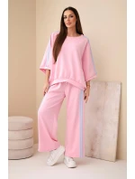Dámsky viskózový maslový komplet so širokými nohavicami a voľnou blúzkou svetloružový