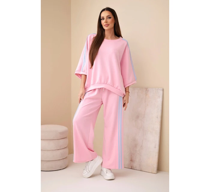 Dámsky viskózový maslový komplet so širokými nohavicami a voľnou blúzkou svetloružový