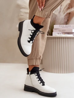 Botki Damskie Ocieplane Z Niską Cholewką Eko Skórzane Białe