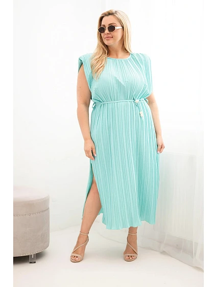 Dámské viskózové plisované šaty pro plnoštíhlé s vázáním mentolová