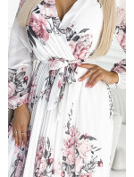 BIANCA - Dlhšie biele dámske plisované šaty so vzorom ruží, s výstrihom, dlhými rukávmi a opaskom 416-1