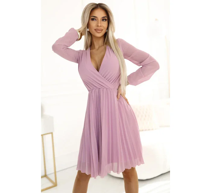 313-16 ISABELLE Poľsko plisované šaty s dlhými rukávmi a výstrihom - púdrovo ružové 313-16 ISABELLE Poľsko plisované šaty s dlhými rukávmi a výstrihom - púdrovo ružové