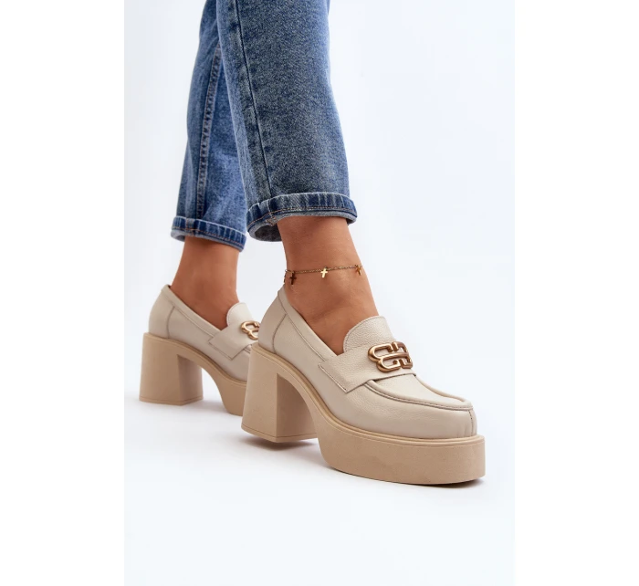 Zazoo 20170 Półbuty Skórzane Damskie Na Słupku Jasnobeżowe