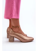 Elegantní kožené lodičky na podpatku model 21661319 zlaté - Maciejka