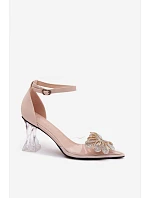 Lodičky na podpatku s lesklým zdobením model 22126165 Béžové - VINCEZA
