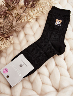 Vzorované dámske ponožky s medvedíkom, čierne