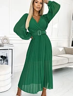 414-3 KLARA plisované šaty s opaskom a výstrihom - SVETLE ZELENÉ