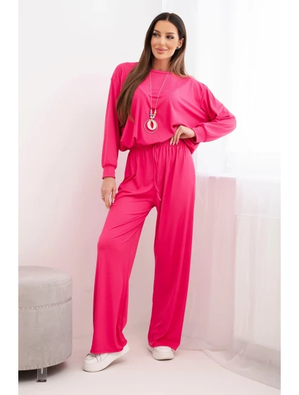 Dámský komplet viskózová mikina s přívěskem a široké kalhoty fuchsie