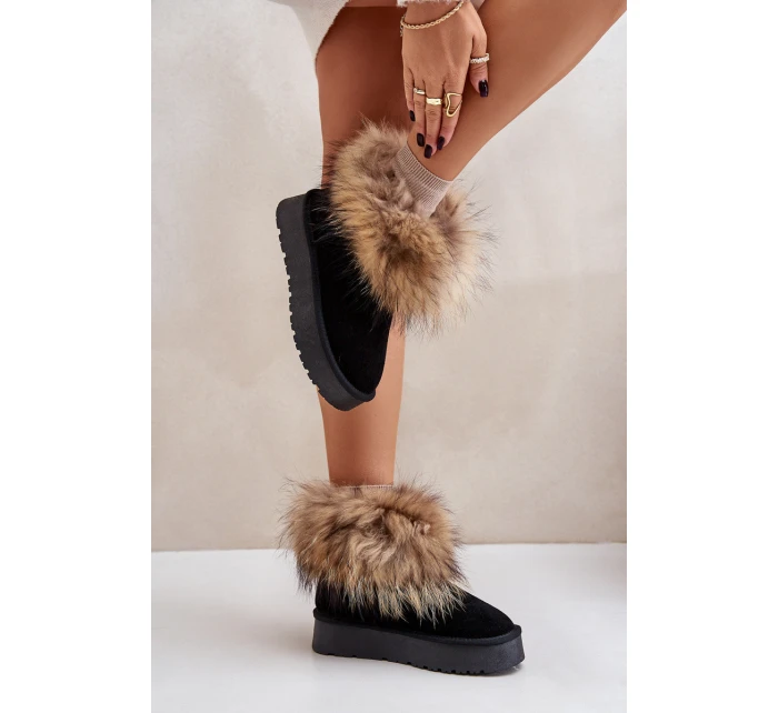 Skórzane Śniegowce Na Platformie Z Futerkiem Czarne Avirisa