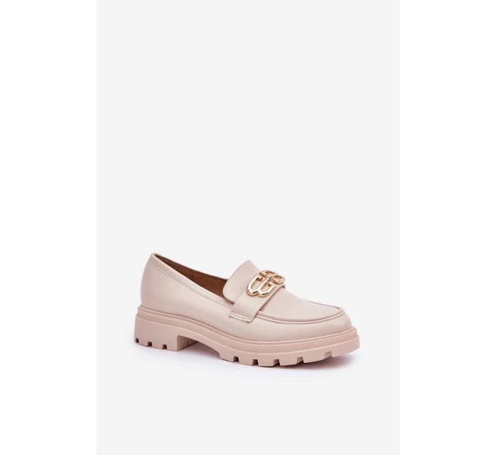 Mokasyny Damskie Ze Złotym Detalem Beżowe Trionna