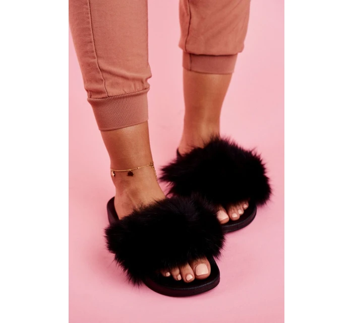 Damskie Klapki z Futerkiem Czarne Belmondo